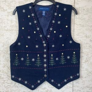 KAREN SCOTT Christmas Holiday Vest Embroidered Snowflakes and Trees Blue MP